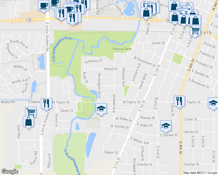 map of restaurants, bars, coffee shops, grocery stores, and more near 468 Bush Street in DeKalb