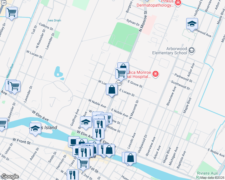 map of restaurants, bars, coffee shops, grocery stores, and more near 475 North Monroe Street in Monroe