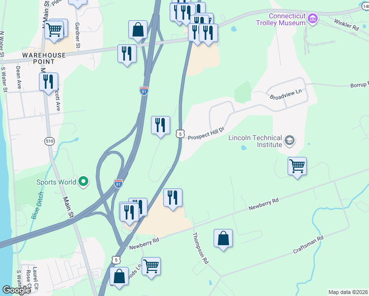 map of restaurants, bars, coffee shops, grocery stores, and more near 82 Prospect Hill Road in East Windsor