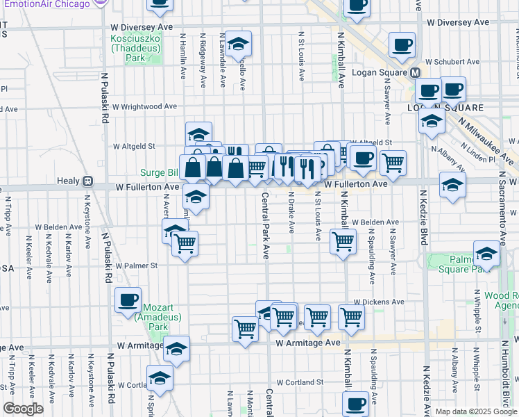 map of restaurants, bars, coffee shops, grocery stores, and more near 2322 N Central Park Ave in Chicago