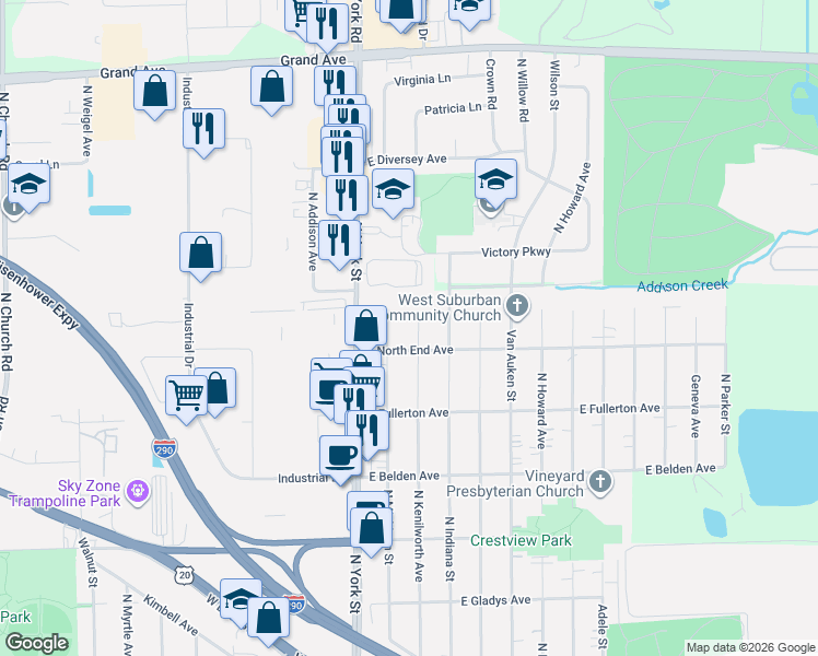 map of restaurants, bars, coffee shops, grocery stores, and more near 806 North Kenilworth Avenue in Elmhurst