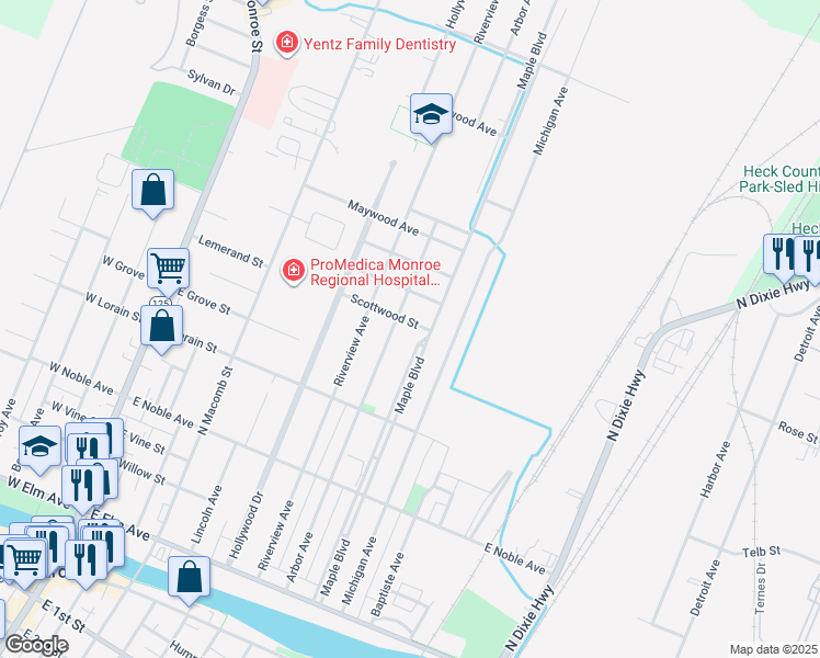 map of restaurants, bars, coffee shops, grocery stores, and more near 616 Scottwood Street in Monroe