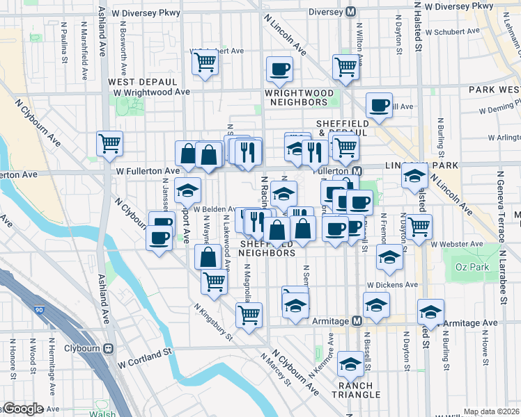 map of restaurants, bars, coffee shops, grocery stores, and more near 1201 West Belden Avenue in Chicago