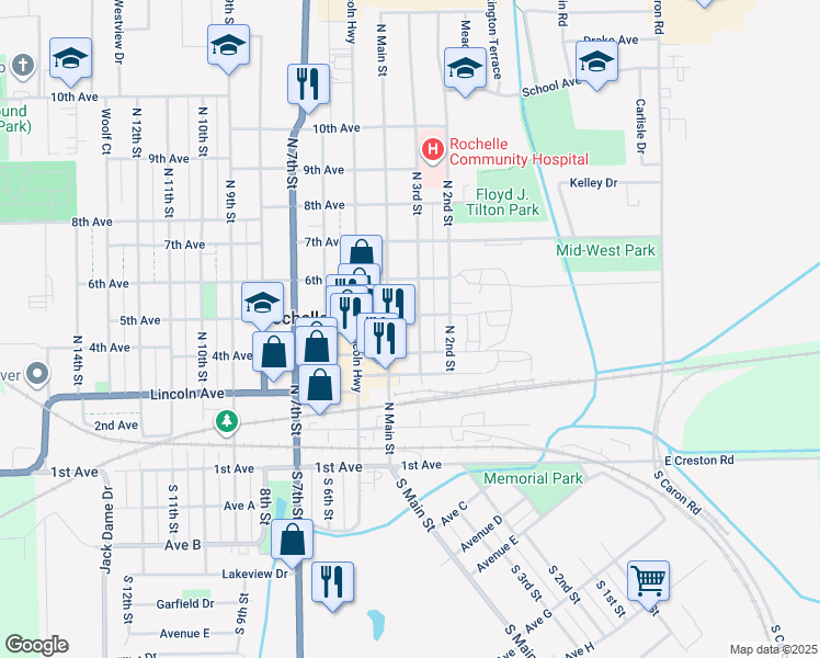 map of restaurants, bars, coffee shops, grocery stores, and more near 420 North 3rd Street in Rochelle