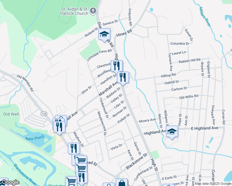 map of restaurants, bars, coffee shops, grocery stores, and more near 14 Baldwin St in Cumberland