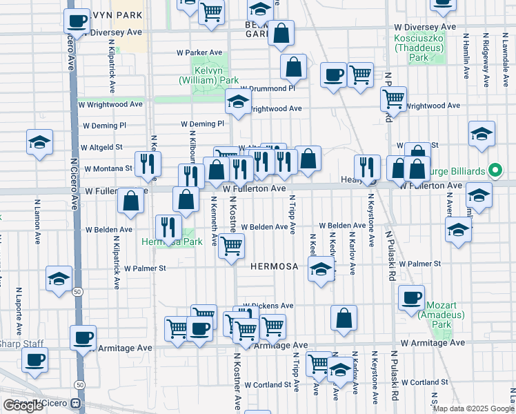 map of restaurants, bars, coffee shops, grocery stores, and more near 2331 North Lowell Avenue in Chicago