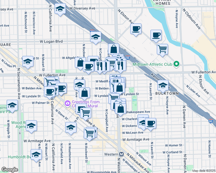 map of restaurants, bars, coffee shops, grocery stores, and more near 2305 North Campbell Avenue in Chicago