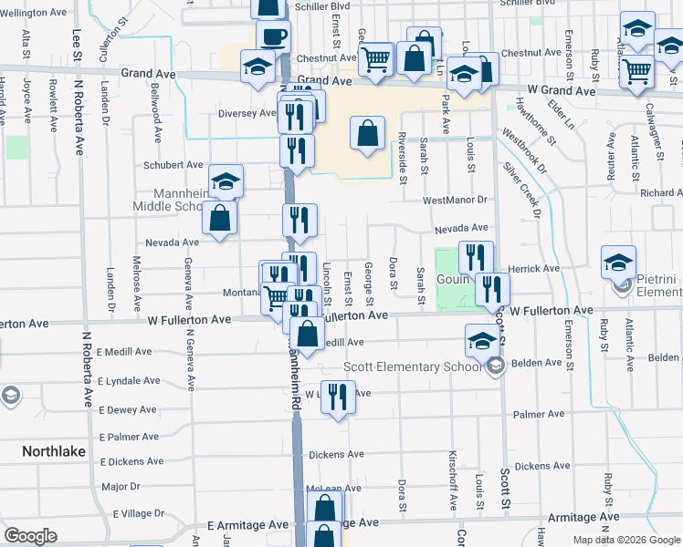 map of restaurants, bars, coffee shops, grocery stores, and more near 2448 Ernst Street in Franklin Park