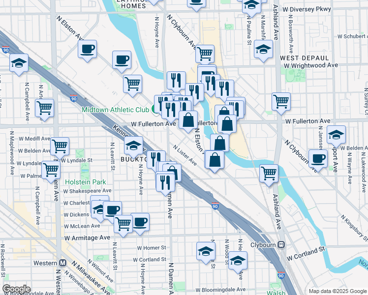 map of restaurants, bars, coffee shops, grocery stores, and more near 2333 North Lister Avenue in Chicago