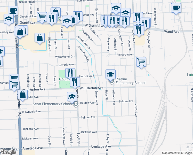 map of restaurants, bars, coffee shops, grocery stores, and more near 2438 Westbrook Drive in Franklin Park