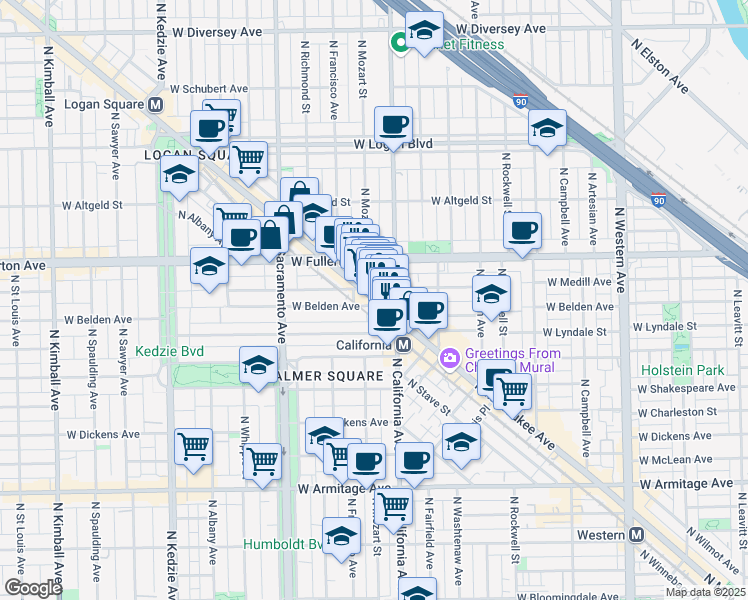 map of restaurants, bars, coffee shops, grocery stores, and more near 2333 North Milwaukee Avenue in Chicago
