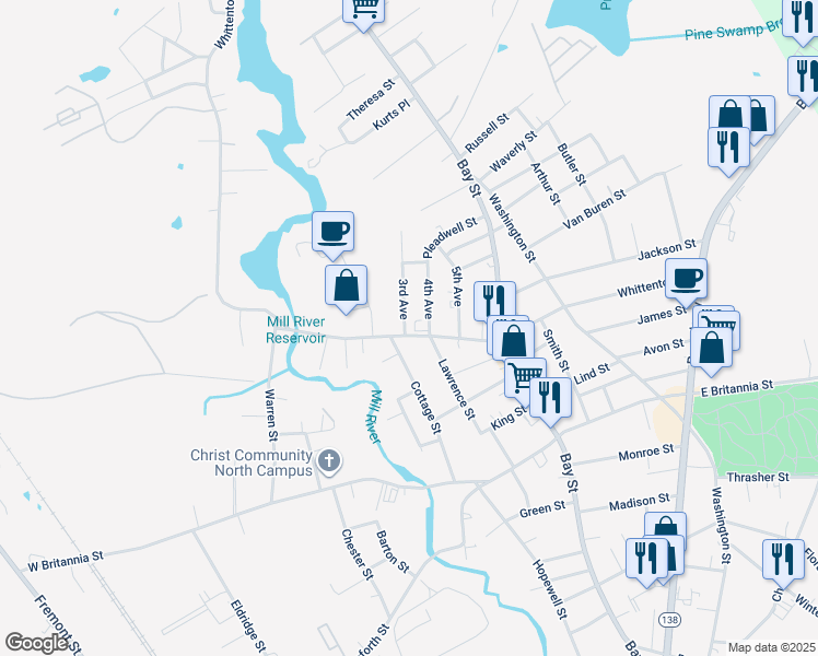 map of restaurants, bars, coffee shops, grocery stores, and more near 311 Whittenton Street in Taunton