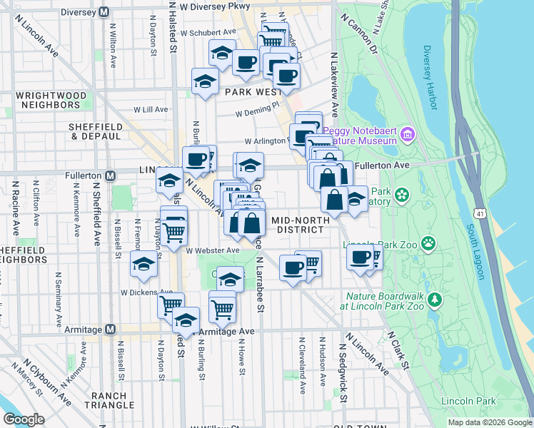 map of restaurants, bars, coffee shops, grocery stores, and more near 551 West Belden Avenue in Chicago