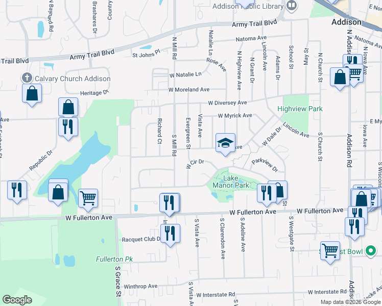 map of restaurants, bars, coffee shops, grocery stores, and more near 191 Evergreen Avenue in Addison