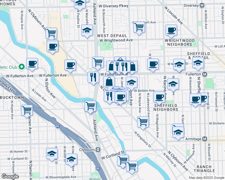 map of restaurants, bars, coffee shops, grocery stores, and more near 2300 North Greenview Avenue in Chicago