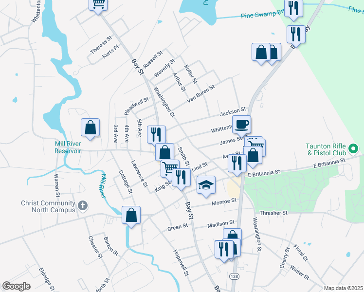 map of restaurants, bars, coffee shops, grocery stores, and more near 368 Washington Street in Taunton