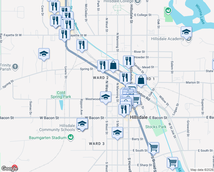 map of restaurants, bars, coffee shops, grocery stores, and more near 82 North West Street in Hillsdale