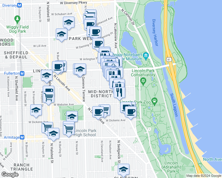 map of restaurants, bars, coffee shops, grocery stores, and more near 431 West Belden Avenue in Chicago
