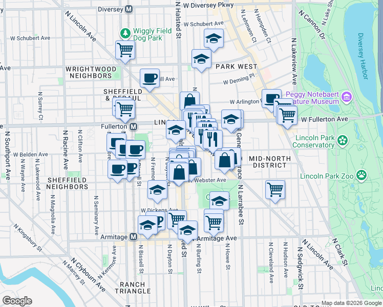 map of restaurants, bars, coffee shops, grocery stores, and more near 743 West Belden Avenue in Chicago