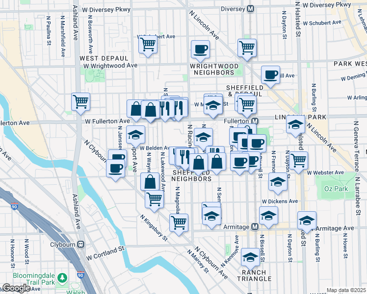 map of restaurants, bars, coffee shops, grocery stores, and more near 1201 West Belden Avenue in Chicago