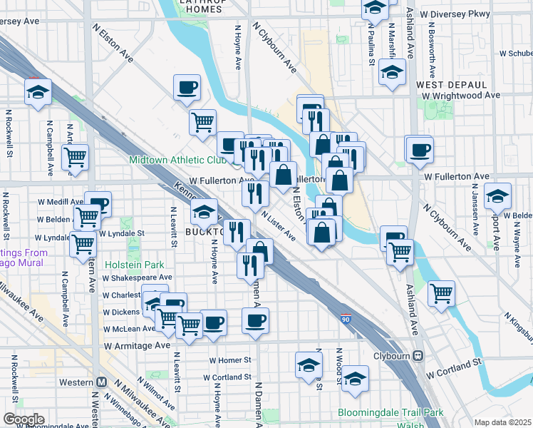 map of restaurants, bars, coffee shops, grocery stores, and more near 2333 North Lister Avenue in Chicago