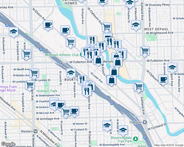 map of restaurants, bars, coffee shops, grocery stores, and more near 2333 North Lister Avenue in Chicago