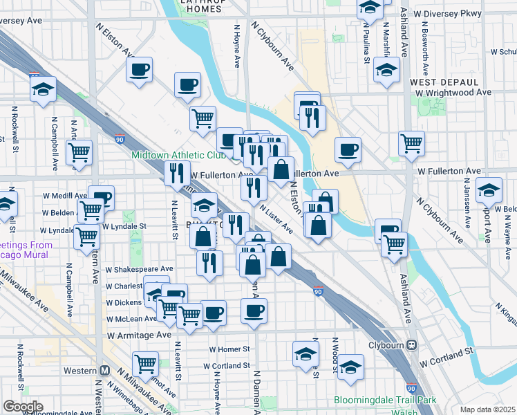 map of restaurants, bars, coffee shops, grocery stores, and more near 2320 North Damen Avenue in Chicago