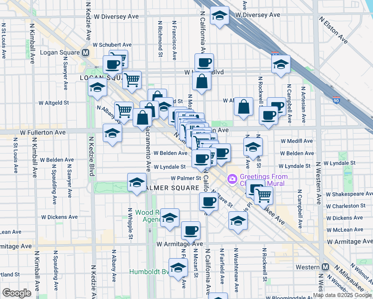 map of restaurants, bars, coffee shops, grocery stores, and more near 2340 North Milwaukee Avenue in Chicago