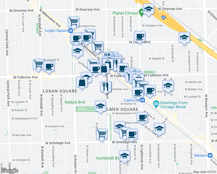 map of restaurants, bars, coffee shops, grocery stores, and more near 2955 West Belden Avenue in Chicago