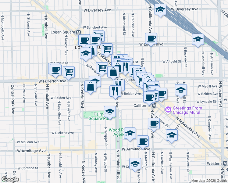 map of restaurants, bars, coffee shops, grocery stores, and more near 2955 West Belden Avenue in Chicago