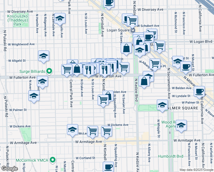map of restaurants, bars, coffee shops, grocery stores, and more near 2322 North Spaulding Avenue in Chicago