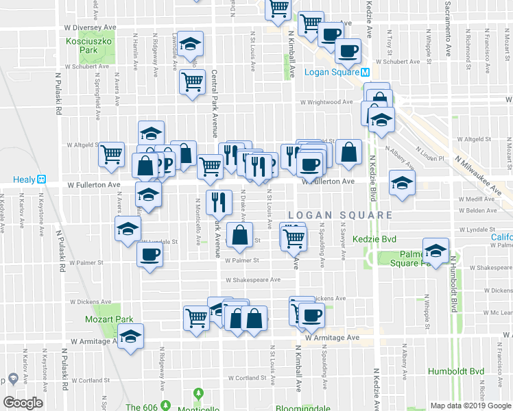 map of restaurants, bars, coffee shops, grocery stores, and more near 3503 West Medill Avenue in Chicago