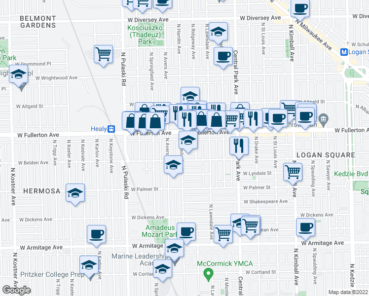 map of restaurants, bars, coffee shops, grocery stores, and more near 2323 North Hamlin Avenue in Chicago
