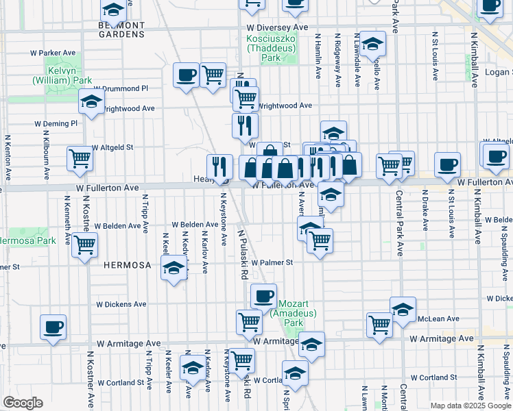 map of restaurants, bars, coffee shops, grocery stores, and more near 2326 North Harding Avenue in Chicago