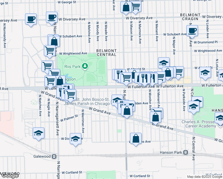 map of restaurants, bars, coffee shops, grocery stores, and more near 6035 West Fullerton Avenue in Chicago