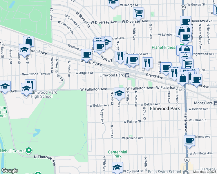 map of restaurants, bars, coffee shops, grocery stores, and more near 7628 West Fullerton Avenue in Elmwood Park