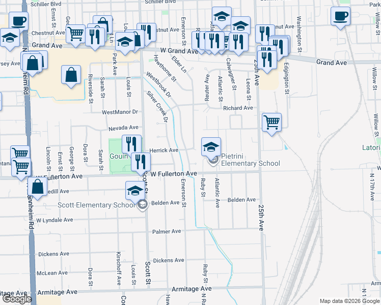 map of restaurants, bars, coffee shops, grocery stores, and more near 2438 Westbrook Drive in Franklin Park