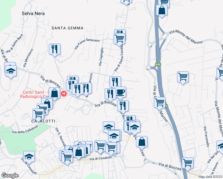 map of restaurants, bars, coffee shops, grocery stores, and more near 45 Via di Selva Candida in Rome
