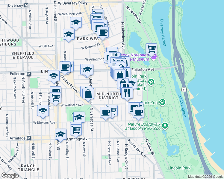 map of restaurants, bars, coffee shops, grocery stores, and more near 449 West Belden Avenue in Chicago