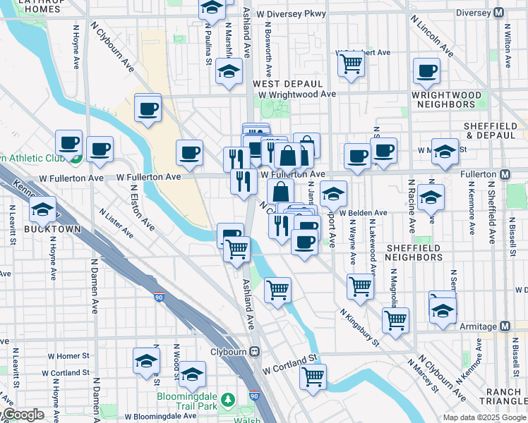 map of restaurants, bars, coffee shops, grocery stores, and more near 2296 North Clybourn Avenue in Chicago