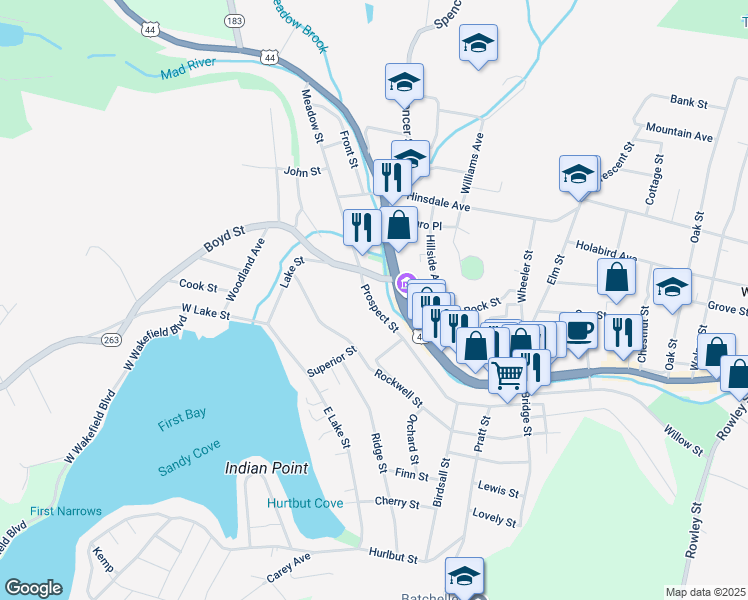 map of restaurants, bars, coffee shops, grocery stores, and more near 3 Meadow Street in Winsted