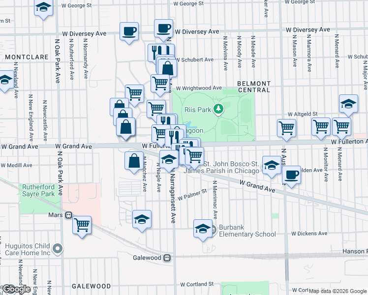 map of restaurants, bars, coffee shops, grocery stores, and more near 633 West Fullerton Avenue in Chicago