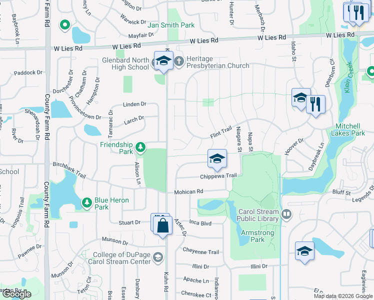map of restaurants, bars, coffee shops, grocery stores, and more near 797 Erie Court in Carol Stream