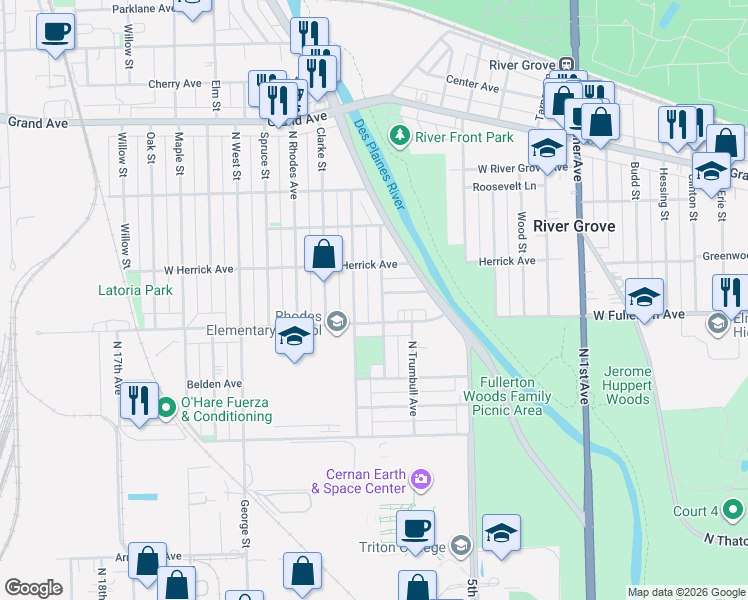 map of restaurants, bars, coffee shops, grocery stores, and more near 2422 North Grove Street in River Grove