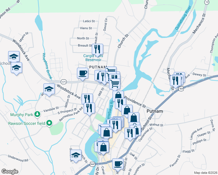 map of restaurants, bars, coffee shops, grocery stores, and more near 162 Providence Street in Putnam