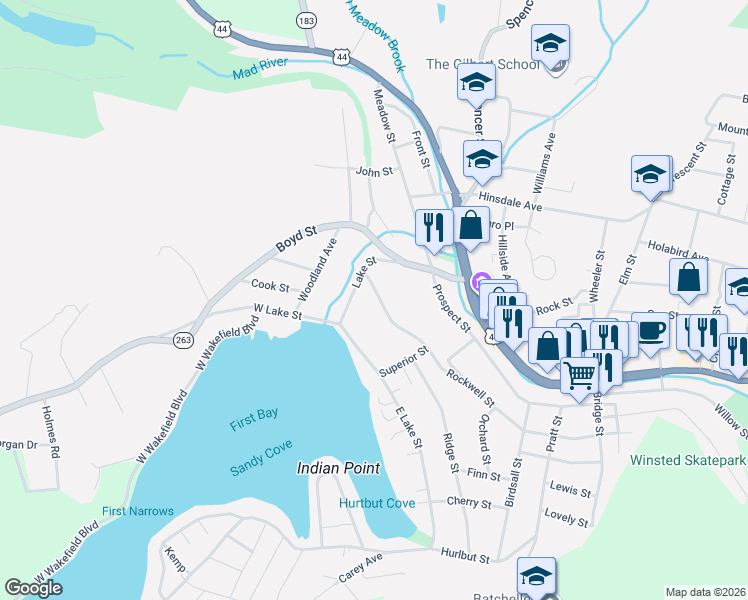 map of restaurants, bars, coffee shops, grocery stores, and more near 267 Rockwell Street in Winsted