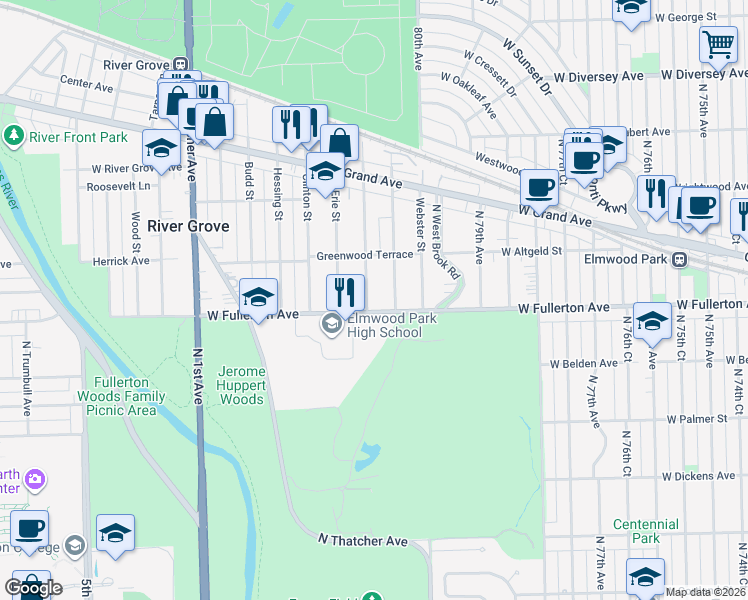 map of restaurants, bars, coffee shops, grocery stores, and more near 2409 Davisson Street in River Grove