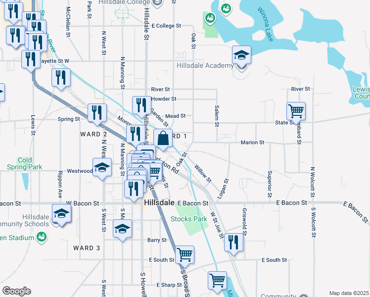 map of restaurants, bars, coffee shops, grocery stores, and more near 32 Oak Street in Hillsdale