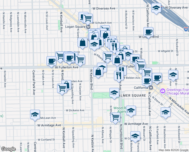 map of restaurants, bars, coffee shops, grocery stores, and more near 2319 North Kedzie Boulevard in Chicago