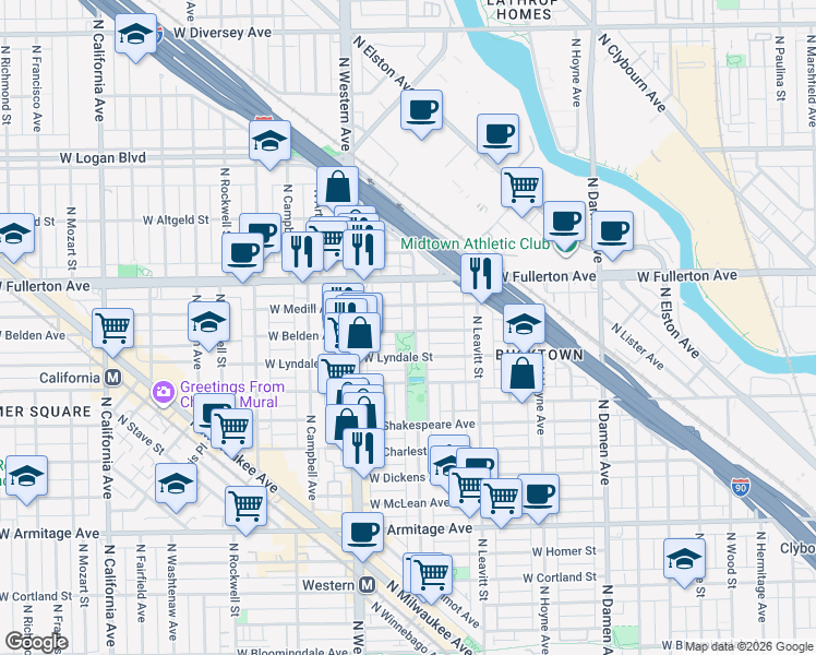 map of restaurants, bars, coffee shops, grocery stores, and more near 2300 North Oakley Avenue in Chicago
